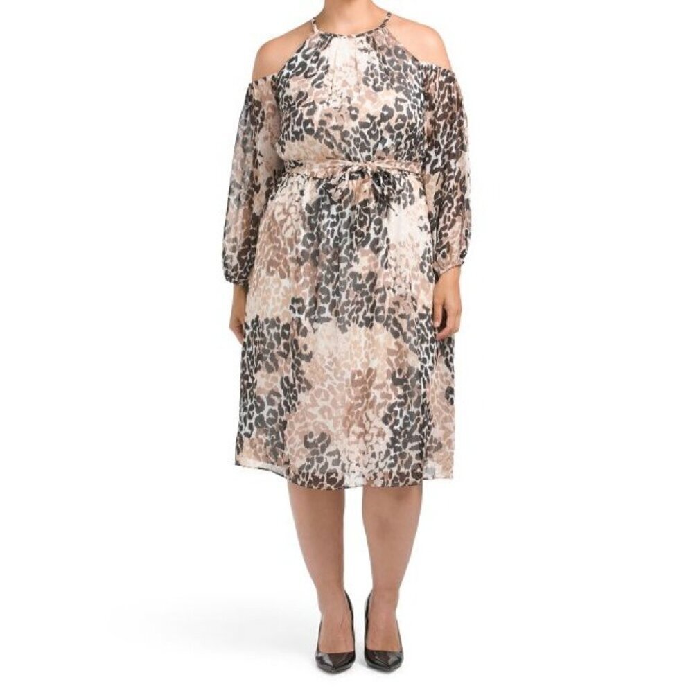 London Times Womens Black Ivory Leopard Cold Shoulder Midi Dress Plus Sz 2X New